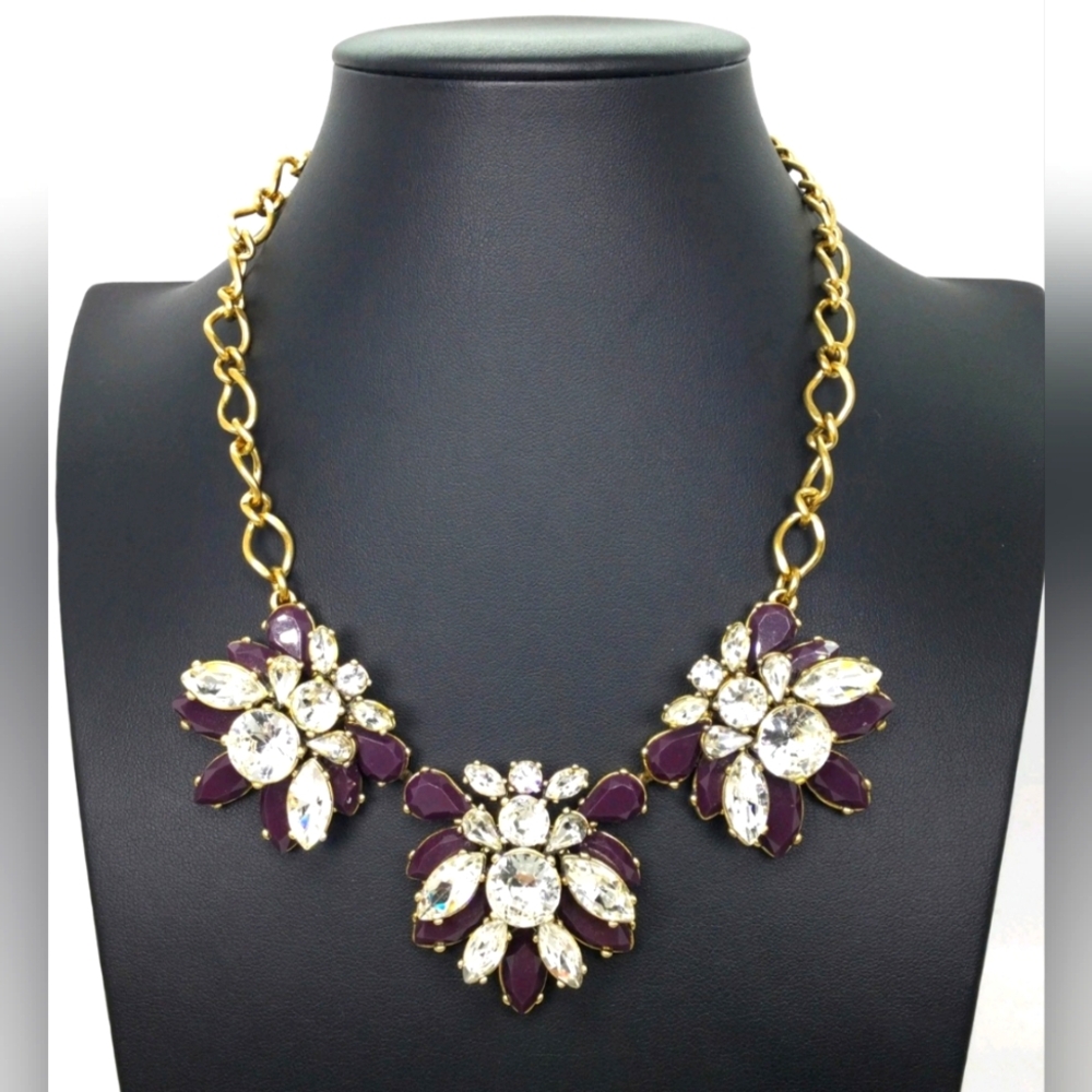 J. Crew Goldtone Dark Purple & Clear Rhinestone Statement Necklace 16" EUC